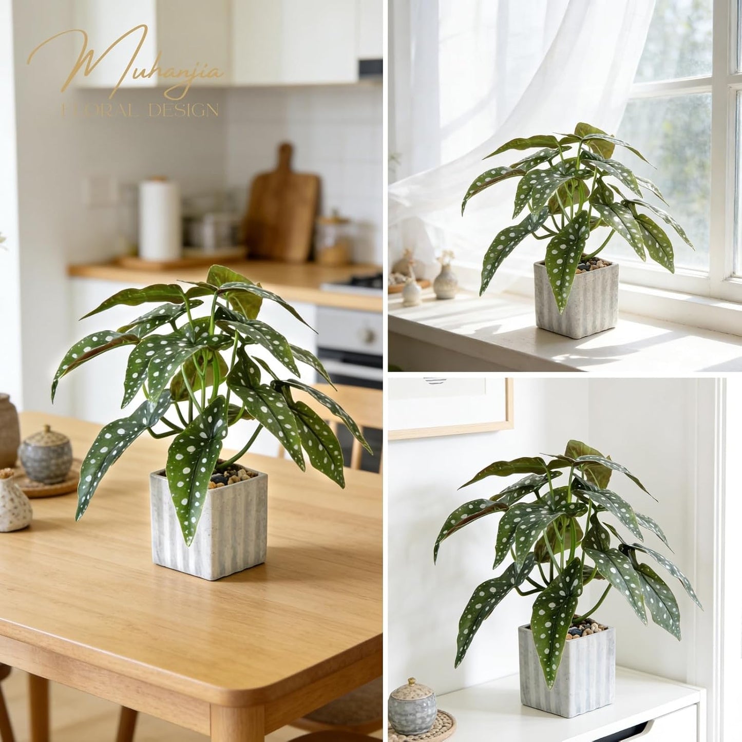 Artificial Potted Plant, Lifelike Faux Greenery in Decorative Cement-Look Square Pot for Indoor Home Decor Centerpieces (Alocasia)