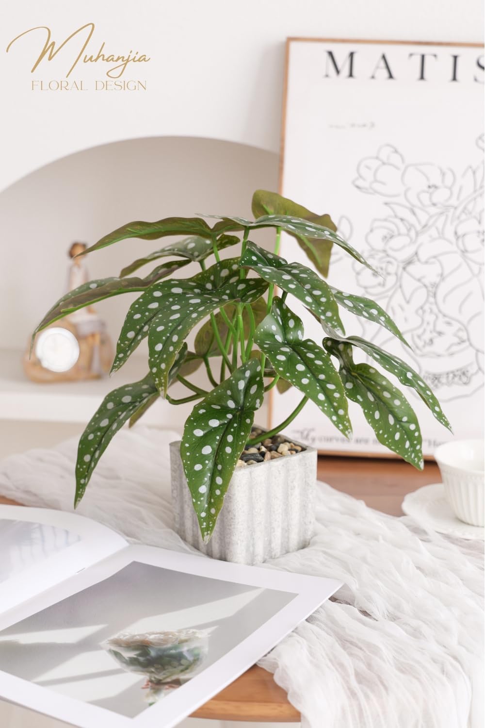 Artificial Potted Plant, Lifelike Faux Greenery in Decorative Cement-Look Square Pot for Indoor Home Decor Centerpieces (Alocasia)