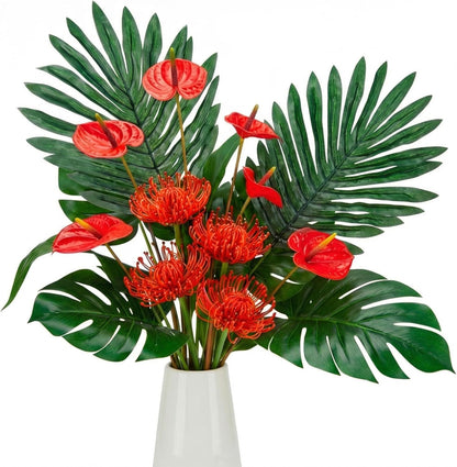 36 Pcs Artificial Tropical Flowers for Summer Party Centerpieces Fake Floral Decor Set with Leucospermum Pincushion Flowers Anthurium & Tropical Leaves (Monstera/Palm) for Table Centerpieces