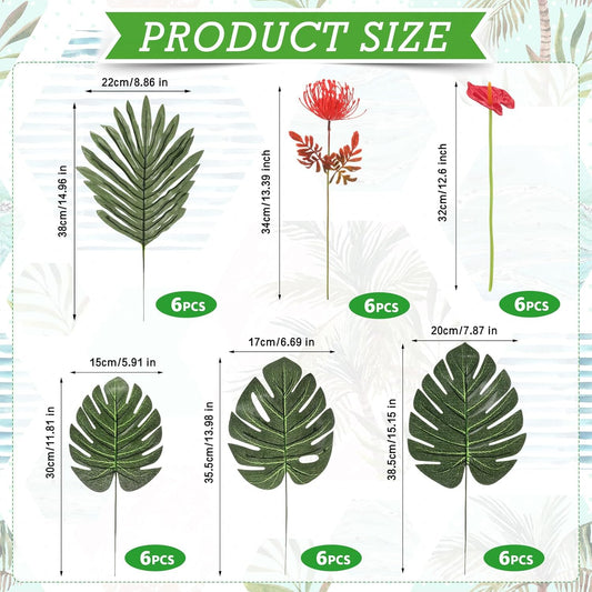 36 Pcs Artificial Tropical Flowers for Summer Party Centerpieces Fake Floral Decor Set with Leucospermum Pincushion Flowers Anthurium & Tropical Leaves (Monstera/Palm) for Table Centerpieces