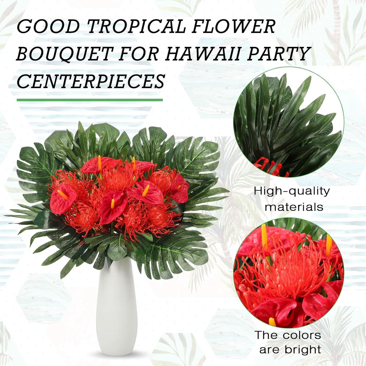 36 Pcs Artificial Tropical Flowers for Summer Party Centerpieces Fake Floral Decor Set with Leucospermum Pincushion Flowers Anthurium & Tropical Leaves (Monstera/Palm) for Table Centerpieces