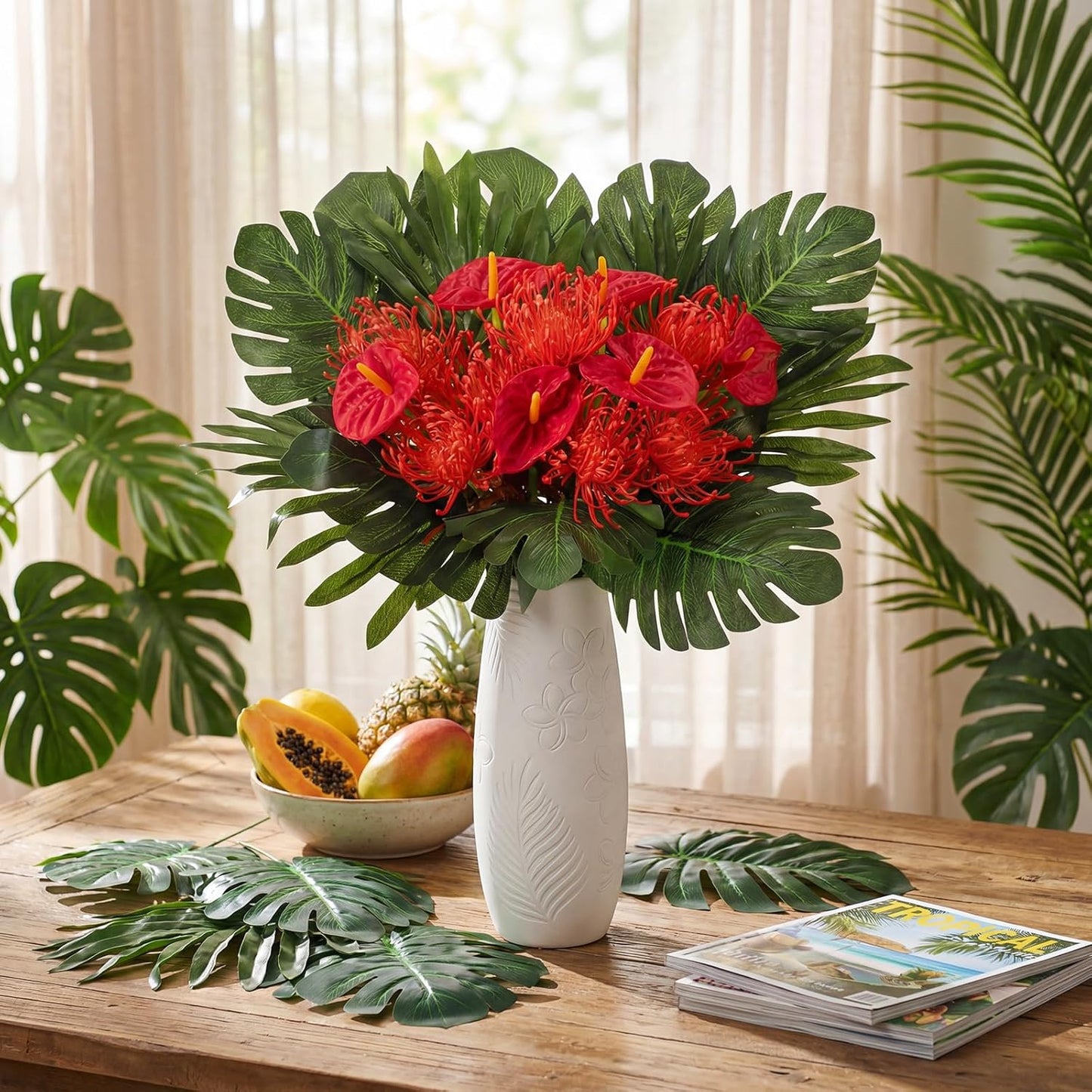 36 Pcs Artificial Tropical Flowers for Summer Party Centerpieces Fake Floral Decor Set with Leucospermum Pincushion Flowers Anthurium & Tropical Leaves (Monstera/Palm) for Table Centerpieces