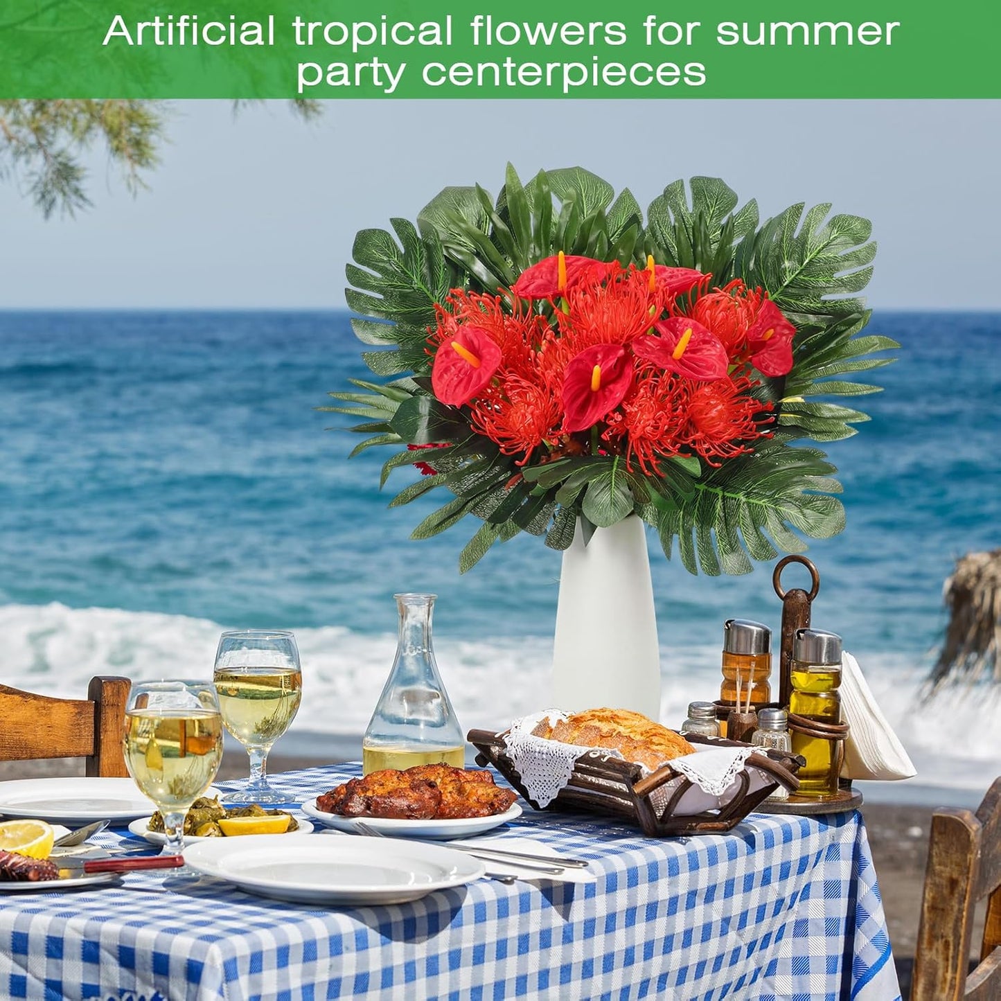 36 Pcs Artificial Tropical Flowers for Summer Party Centerpieces Fake Floral Decor Set with Leucospermum Pincushion Flowers Anthurium & Tropical Leaves (Monstera/Palm) for Table Centerpieces