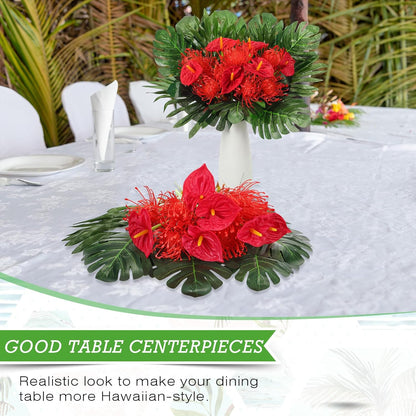36 Pcs Artificial Tropical Flowers for Summer Party Centerpieces Fake Floral Decor Set with Leucospermum Pincushion Flowers Anthurium & Tropical Leaves (Monstera/Palm) for Table Centerpieces