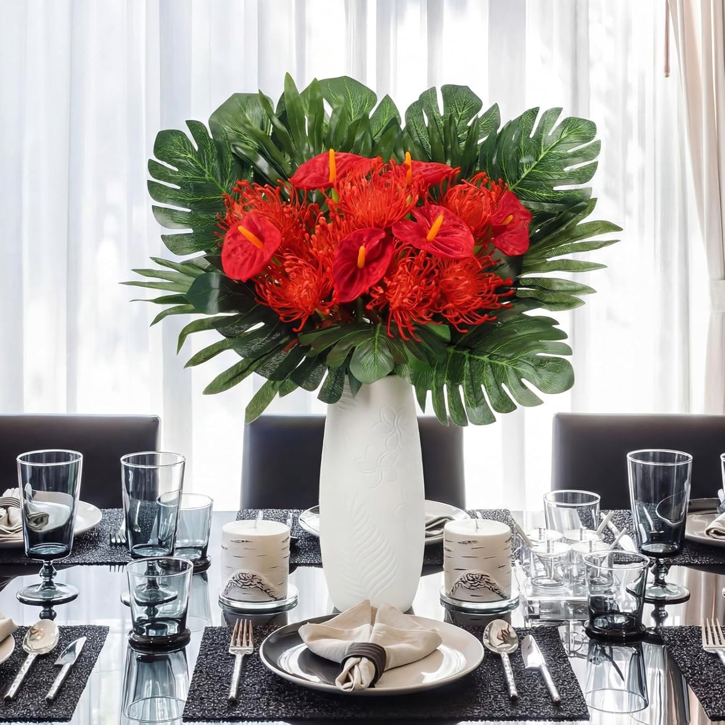 36 Pcs Artificial Tropical Flowers for Summer Party Centerpieces Fake Floral Decor Set with Leucospermum Pincushion Flowers Anthurium & Tropical Leaves (Monstera/Palm) for Table Centerpieces