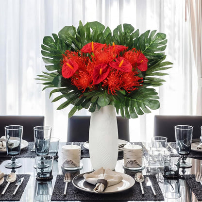 36 Pcs Artificial Tropical Flowers for Summer Party Centerpieces Fake Floral Decor Set with Leucospermum Pincushion Flowers Anthurium & Tropical Leaves (Monstera/Palm) for Table Centerpieces