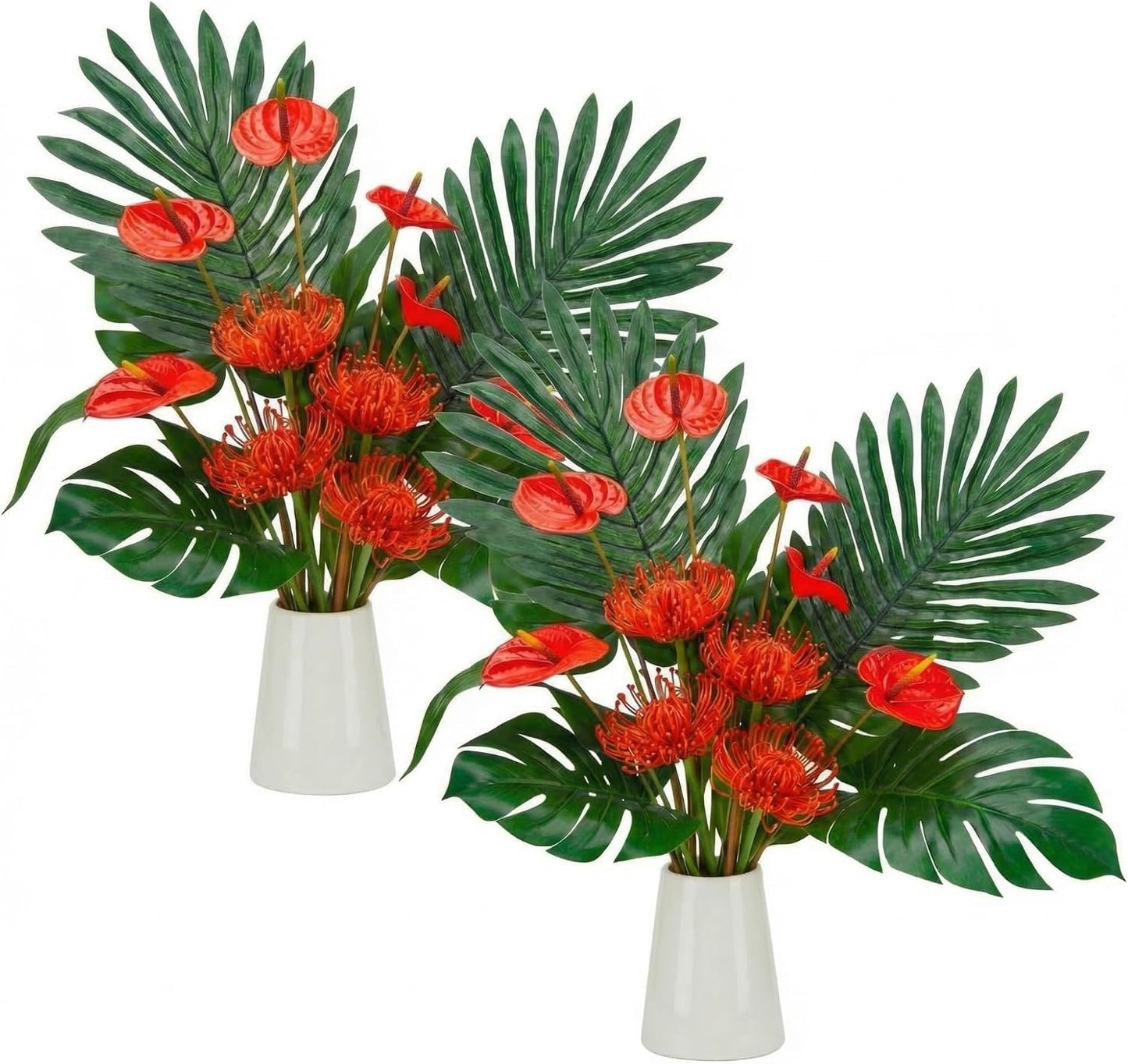 36 Pcs Artificial Tropical Flowers for Summer Party Centerpieces Fake Floral Decor Set with Leucospermum Pincushion Flowers Anthurium & Tropical Leaves (Monstera/Palm) for Table Centerpieces