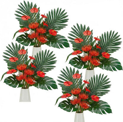 36 Pcs Artificial Tropical Flowers for Summer Party Centerpieces Fake Floral Decor Set with Leucospermum Pincushion Flowers Anthurium & Tropical Leaves (Monstera/Palm) for Table Centerpieces
