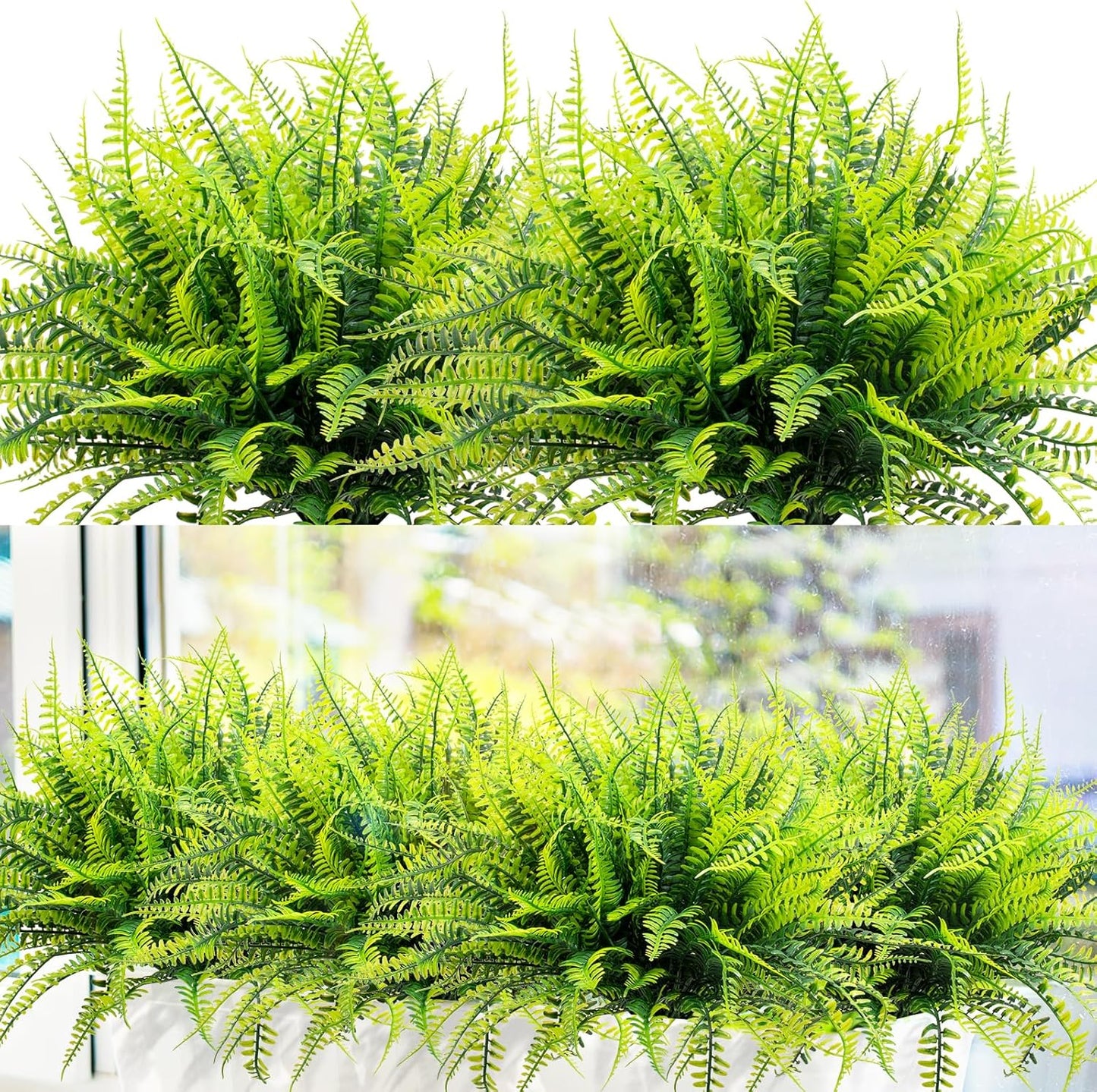 12 Bundles Artificial Boston Ferns Fake Plants Outdoor Greenery Stems Faux Shrubs UV Resistant No Fade Plastic Grass Plants for Garden Front Porch Table Window Box Home Decorations（Green）