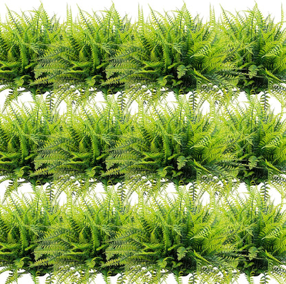 12 Bundles Artificial Boston Ferns Fake Plants Outdoor Greenery Stems Faux Shrubs UV Resistant No Fade Plastic Grass Plants for Garden Front Porch Table Window Box Home Decorations（Green）