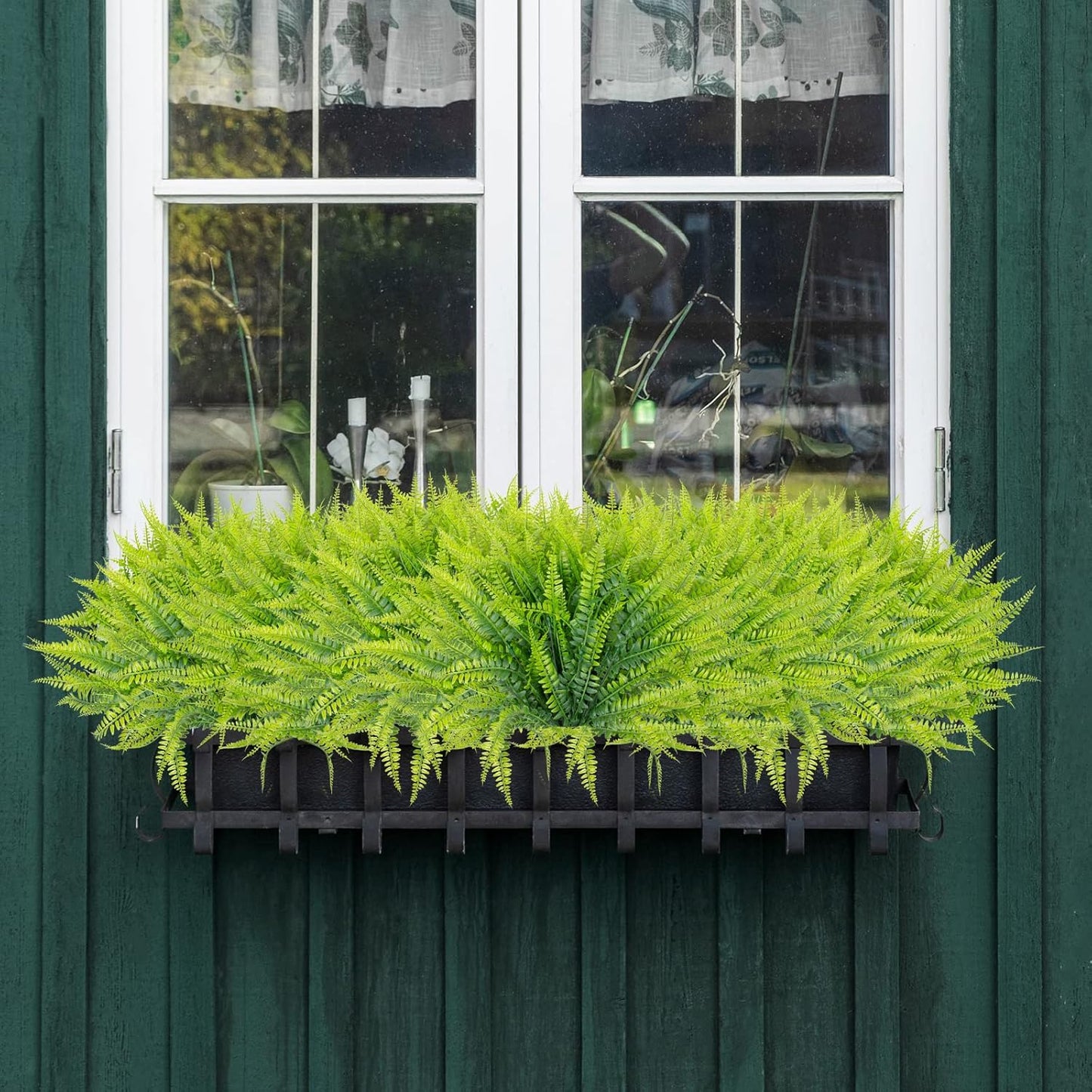 12 Bundles Artificial Boston Ferns Fake Plants Outdoor Greenery Stems Faux Shrubs UV Resistant No Fade Plastic Grass Plants for Garden Front Porch Table Window Box Home Decorations（Green）