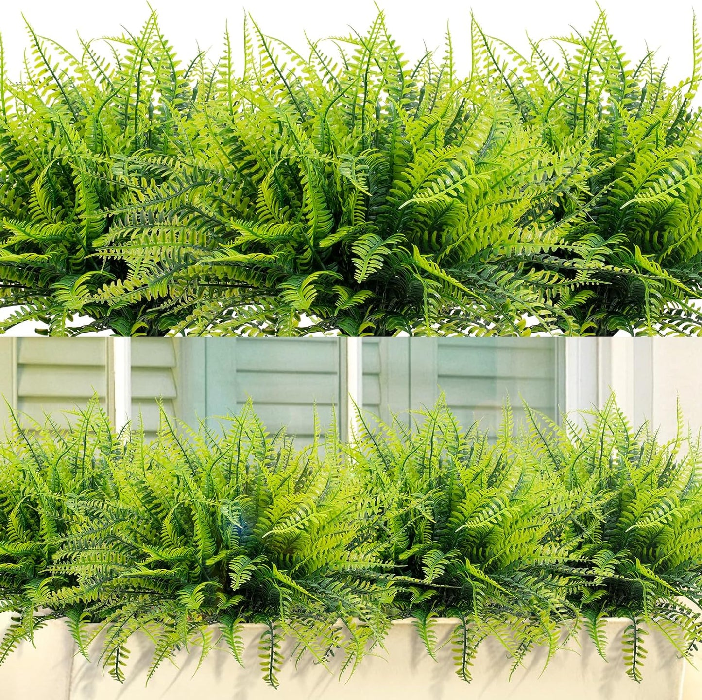 12 Bundles Artificial Boston Ferns Fake Plants Outdoor Greenery Stems Faux Shrubs UV Resistant No Fade Plastic Grass Plants for Garden Front Porch Table Window Box Home Decorations（Green）