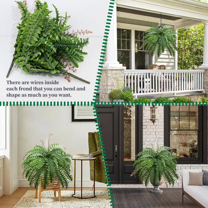 12 Bundles Artificial Boston Ferns Fake Plants Outdoor Greenery Stems Faux Shrubs UV Resistant No Fade Plastic Grass Plants for Garden Front Porch Table Window Box Home Decorations（Green）