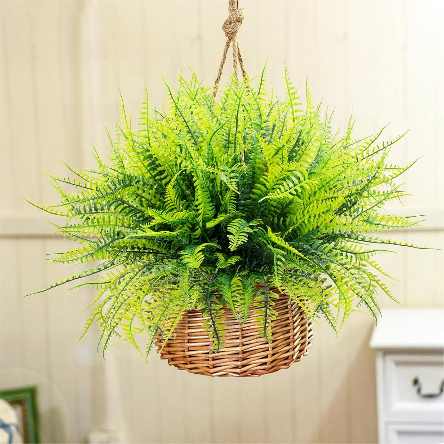 12 Bundles Artificial Boston Ferns Fake Plants Outdoor Greenery Stems Faux Shrubs UV Resistant No Fade Plastic Grass Plants for Garden Front Porch Table Window Box Home Decorations（Green）