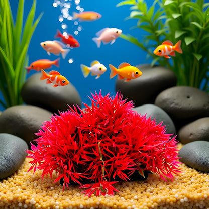 Red Artificial Flowers, Fake Flowers, Artificial Pine with Base Grass Fish Tank Ornament Aquatic Plant Landscape Decor, Aquarium Décor Plastic Plants