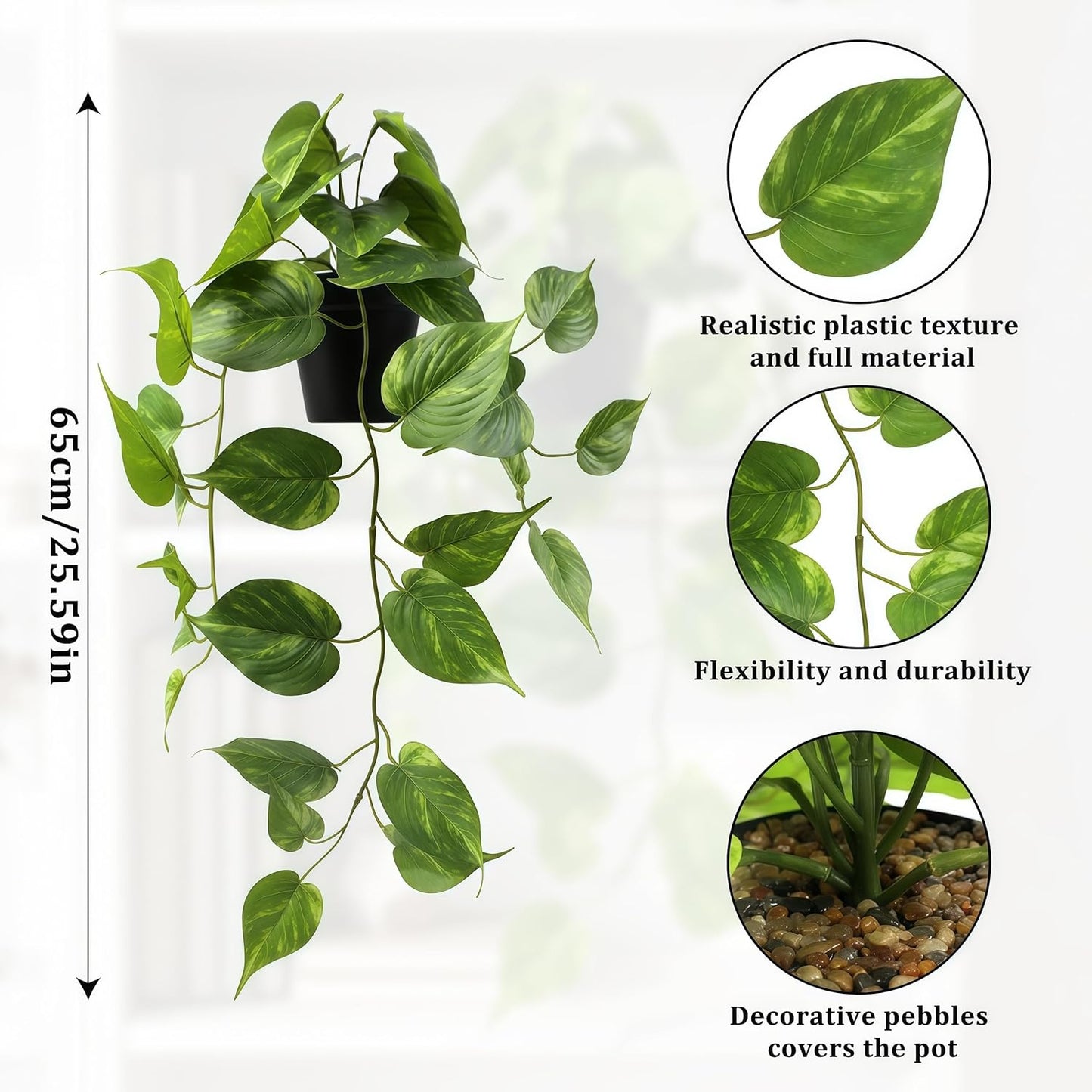 Fake Pothos Hanging Plant – Artificial Plastic Ivy Vines with White Pot, Realistic Faux Greenery for Indoor Home Office Bathroom Shelf Cabinet Decoration