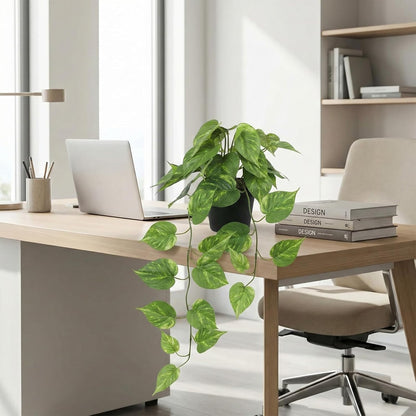 Fake Pothos Hanging Plant – Artificial Plastic Ivy Vines with White Pot, Realistic Faux Greenery for Indoor Home Office Bathroom Shelf Cabinet Decoration