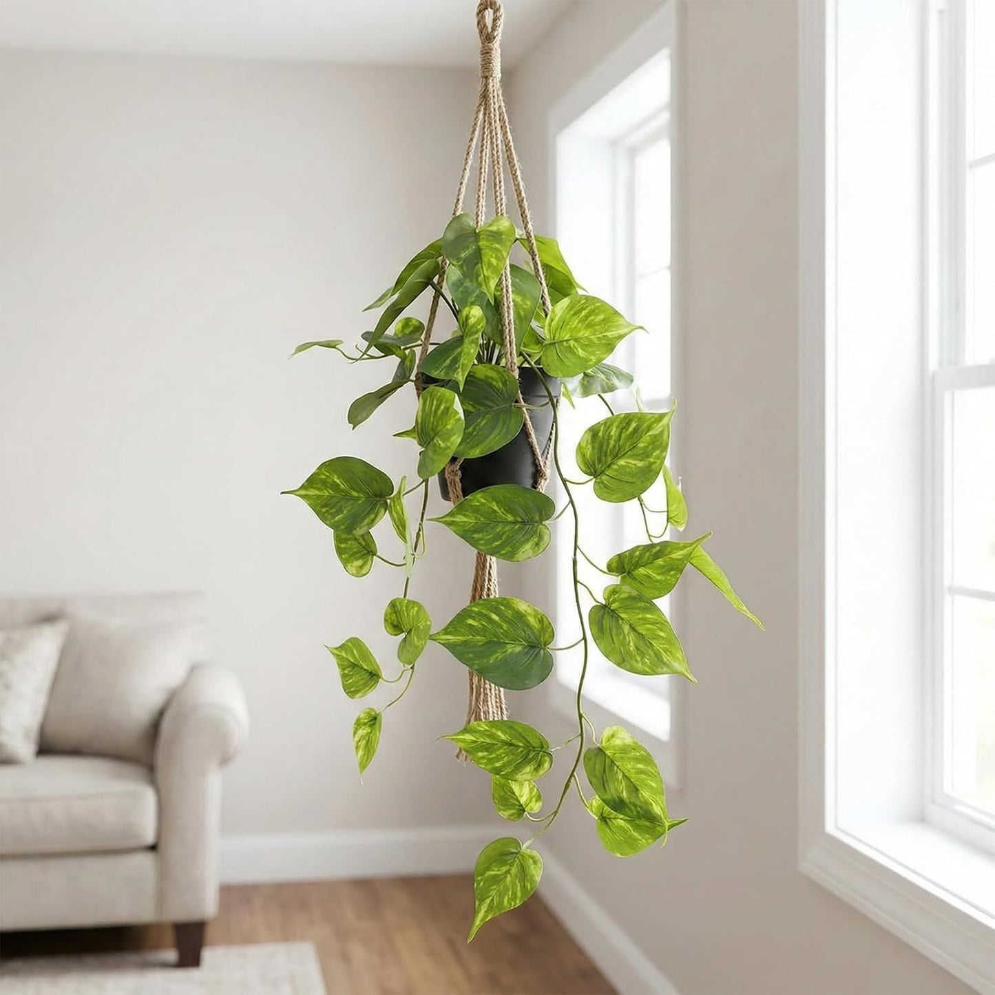 Fake Pothos Hanging Plant – Artificial Plastic Ivy Vines with White Pot, Realistic Faux Greenery for Indoor Home Office Bathroom Shelf Cabinet Decoration