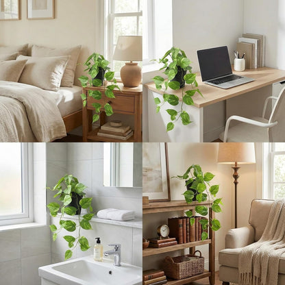 Fake Pothos Hanging Plant – Artificial Plastic Ivy Vines with White Pot, Realistic Faux Greenery for Indoor Home Office Bathroom Shelf Cabinet Decoration