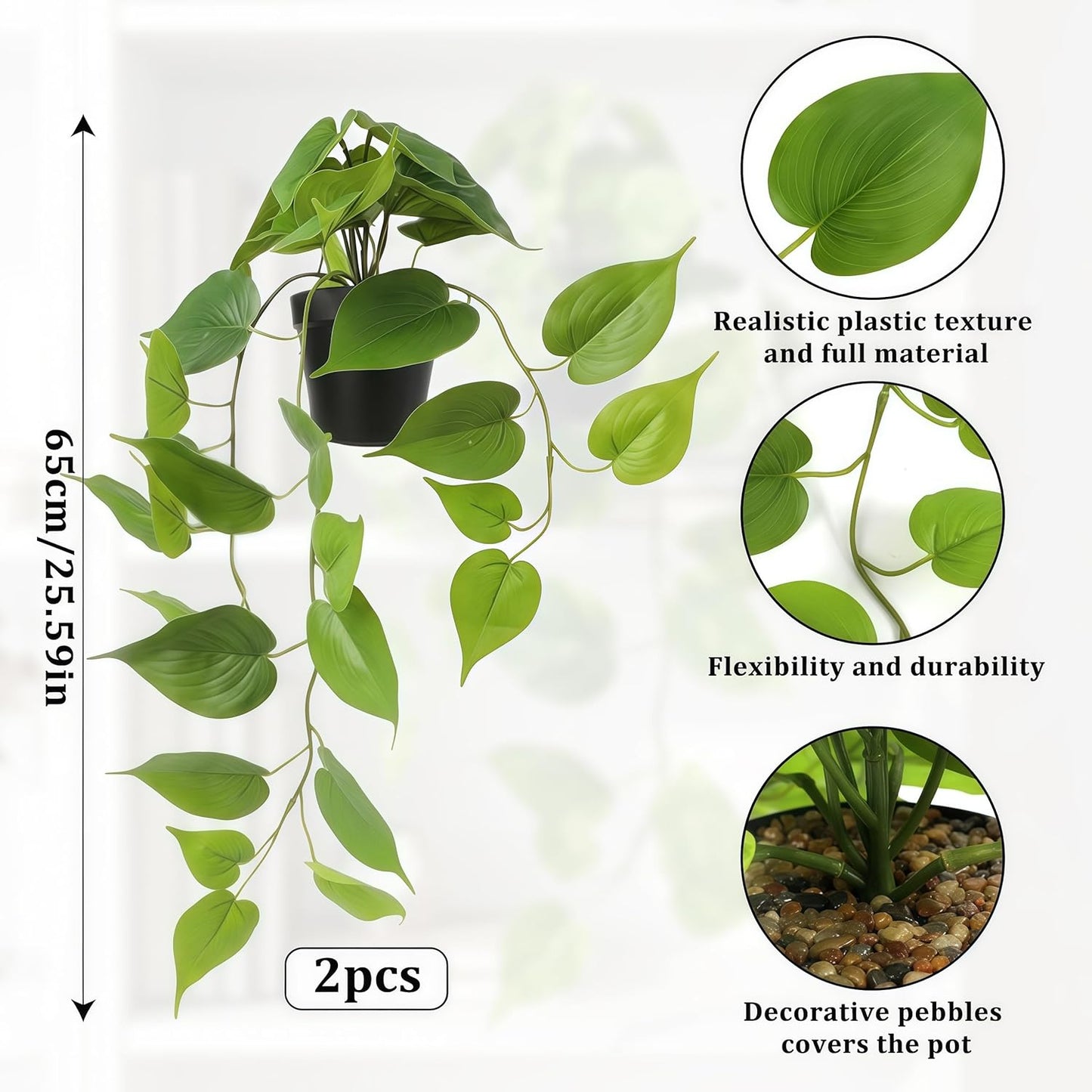 Fake Pothos Hanging Plant – Artificial Plastic Ivy Vines with White Pot, Realistic Faux Greenery for Indoor Home Office Bathroom Shelf Cabinet Decoration