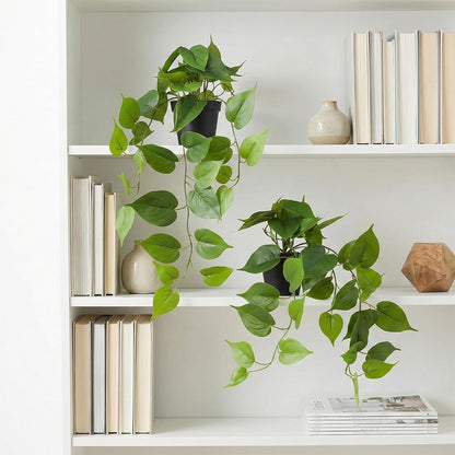 Fake Pothos Hanging Plant – Artificial Plastic Ivy Vines with White Pot, Realistic Faux Greenery for Indoor Home Office Bathroom Shelf Cabinet Decoration