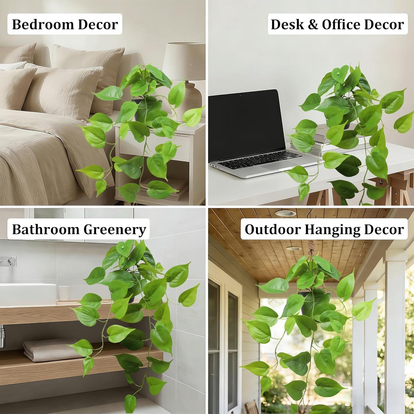 Fake Pothos Hanging Plant – Artificial Plastic Ivy Vines with White Pot, Realistic Faux Greenery for Indoor Home Office Bathroom Shelf Cabinet Decoration