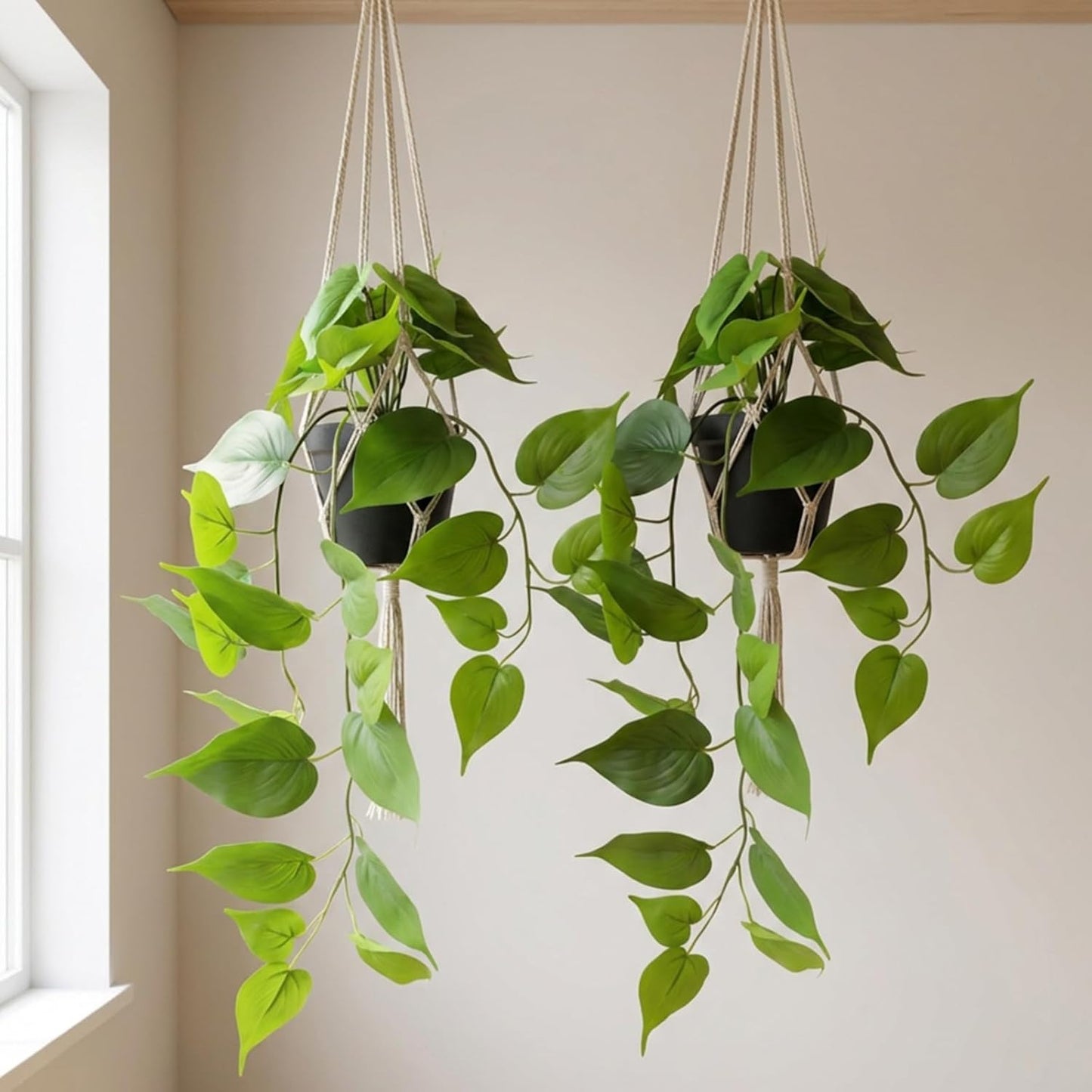 Fake Pothos Hanging Plant – Artificial Plastic Ivy Vines with White Pot, Realistic Faux Greenery for Indoor Home Office Bathroom Shelf Cabinet Decoration