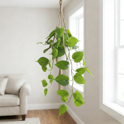 Fake Pothos Hanging Plant – Artificial Plastic Ivy Vines with White Pot, Realistic Faux Greenery for Indoor Home Office Bathroom Shelf Cabinet Decoration