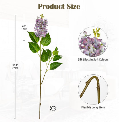 Artificial Lilac Flowers 30" Tall – Set of 3 Silk Lilac Flower Stems for Home Decor, Wedding Centerpieces, Faux Floral Arrangements – Blue Artificial Flowers for Vase, Spring & Farmhouse Décor