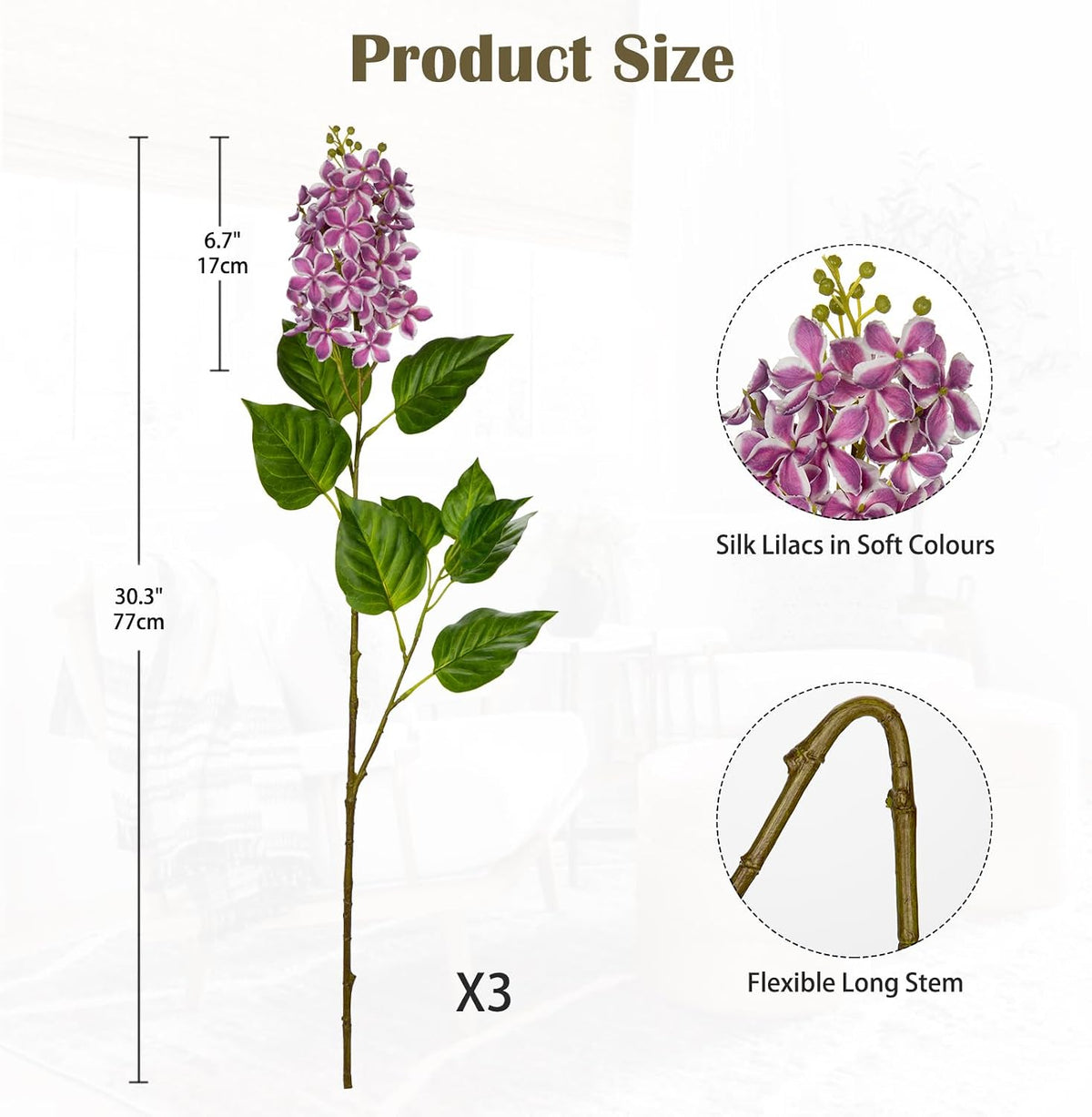 Artificial Lilac Flowers 30" Tall – Set of 3 Silk Lilac Flower Stems for Home Decor, Wedding Centerpieces, Faux Floral Arrangements – Blue Artificial Flowers for Vase, Spring & Farmhouse Décor