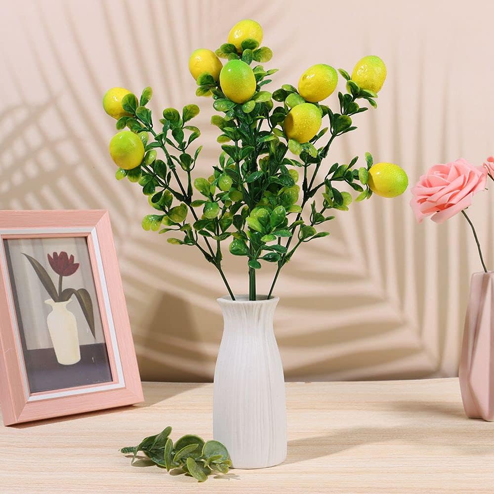 3Pcs Artificial Lemon Branch with Green Leaves Artificial Fruit Lemon Tree Greenery Decoration for Home Table Holiday Farmhouse Garden(14.17inch)