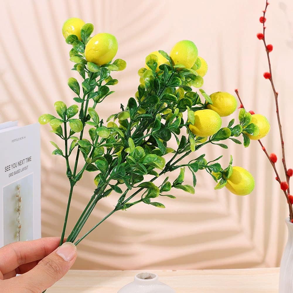 3Pcs Artificial Lemon Branch with Green Leaves Artificial Fruit Lemon Tree Greenery Decoration for Home Table Holiday Farmhouse Garden(14.17inch)