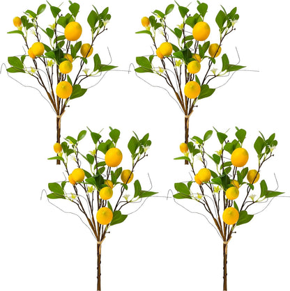 4 Pack Artificial Lemon Branches 8 Heads Per Stem Faux Lemons with Leaves Kitchen Table Centerpiece Decor Fake Lemon Tree for Vases Farmhouse Party Summer Home Yellow Decorations