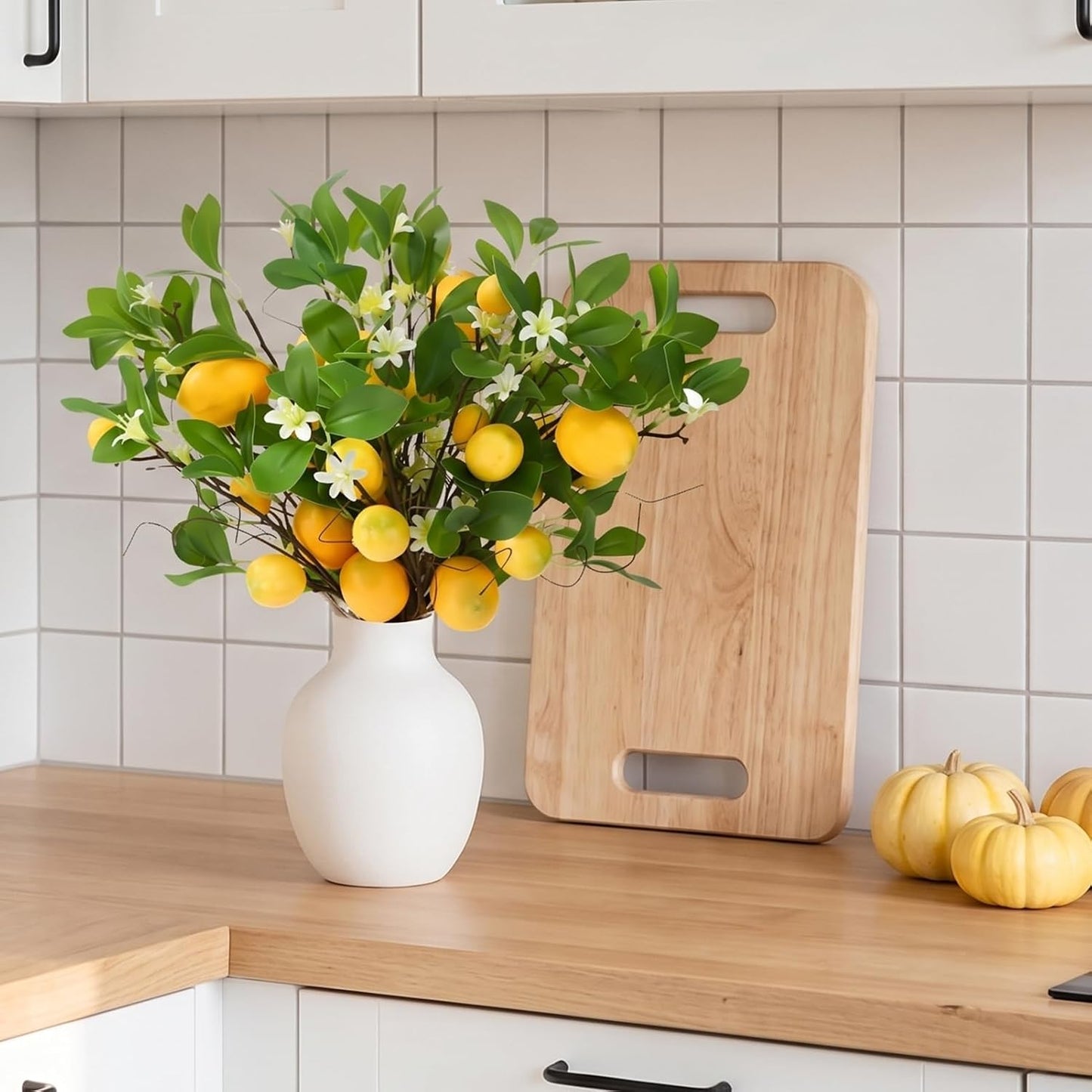4 Pack Artificial Lemon Branches 8 Heads Per Stem Faux Lemons with Leaves Kitchen Table Centerpiece Decor Fake Lemon Tree for Vases Farmhouse Party Summer Home Yellow Decorations