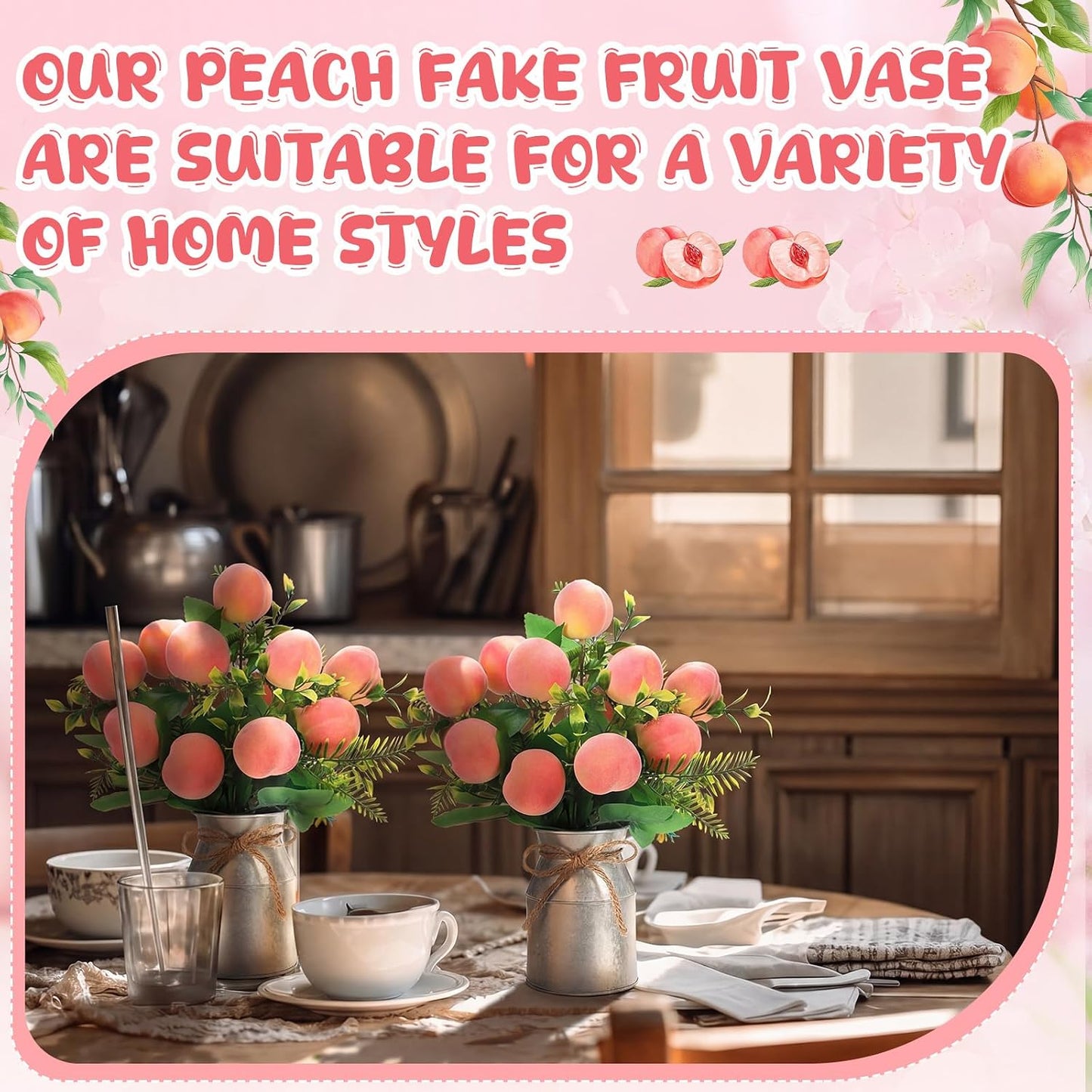 2 Sets Artificial Peach Branches with Flower Vases 16.14'' Realistic Artificial Peach Fruits Bouquet with Green Leaves Fruit Flower Arrangement for Home Baby Shower Party Farmhouse Table Decor