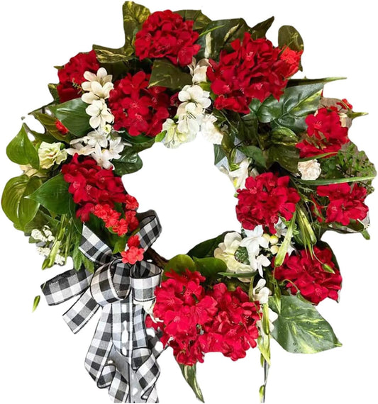 13.78 Inches Red Geranium Wreath, 2025 New Geraniums Artificial Flowers Realistic Summer Wreaths, Handcrafted Door Wreaths for Front Door Garden Home Decoration (Red)