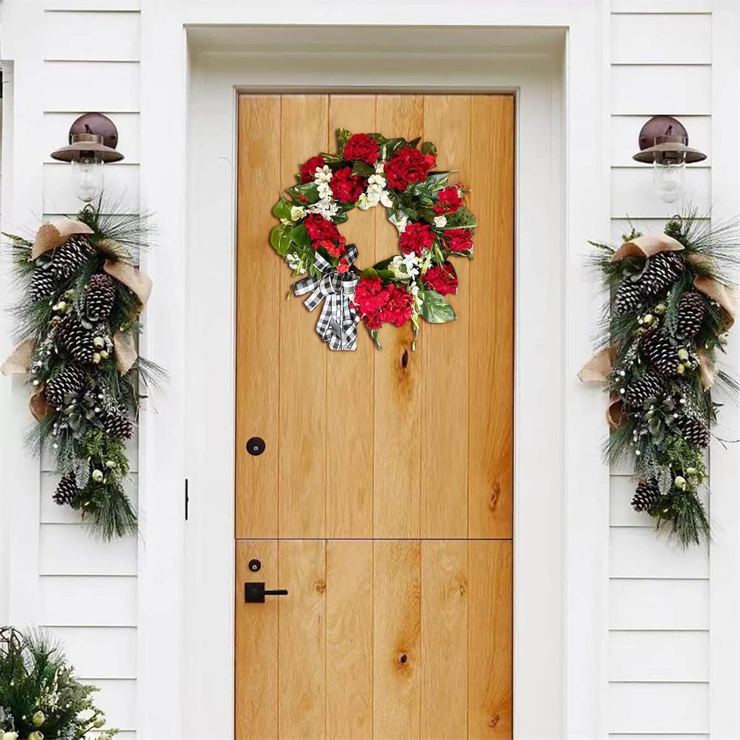 13.78 Inches Red Geranium Wreath, 2025 New Geraniums Artificial Flowers Realistic Summer Wreaths, Handcrafted Door Wreaths for Front Door Garden Home Decoration (Red)