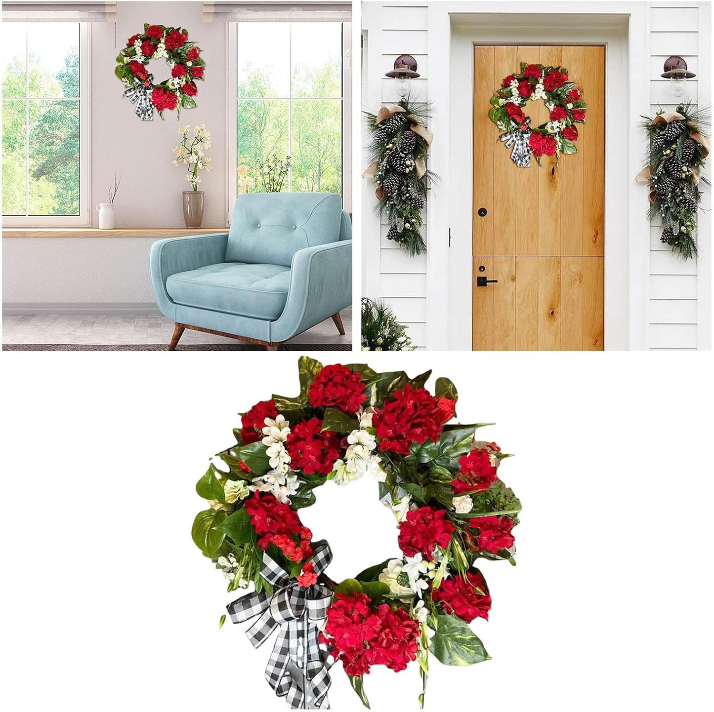 13.78 Inches Red Geranium Wreath, 2025 New Geraniums Artificial Flowers Realistic Summer Wreaths, Handcrafted Door Wreaths for Front Door Garden Home Decoration (Red)