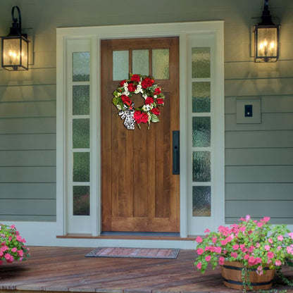 13.78 Inches Red Geranium Wreath, 2025 New Geraniums Artificial Flowers Realistic Summer Wreaths, Handcrafted Door Wreaths for Front Door Garden Home Decoration (Red)
