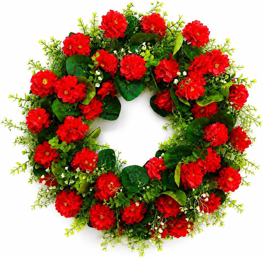19‘‘ Red Geranium Wreath for Front Door – Artificial Spring Summer Floral Wreath with Greenery, Farmhouse Front Porch Door Hanging Decor for Indoor Outdoor Home Decoration