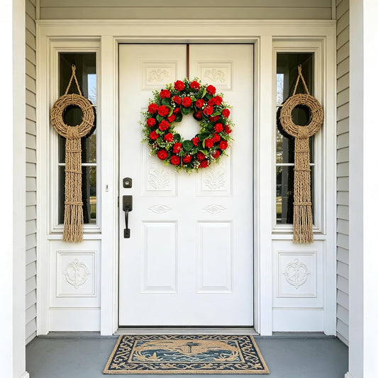 19‘‘ Red Geranium Wreath for Front Door – Artificial Spring Summer Floral Wreath with Greenery, Farmhouse Front Porch Door Hanging Decor for Indoor Outdoor Home Decoration