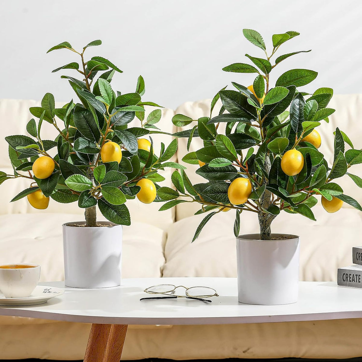 2 Pcs Artificial Lemon Tree 15.7" Fake Potted Plants, White Pot