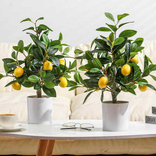 2 Pcs Artificial Lemon Tree 15.7" Fake Potted Plants, White Pot