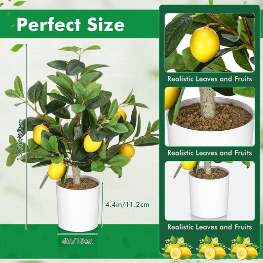 2 Pcs Artificial Lemon Tree 15.7" Fake Potted Plants, White Pot
