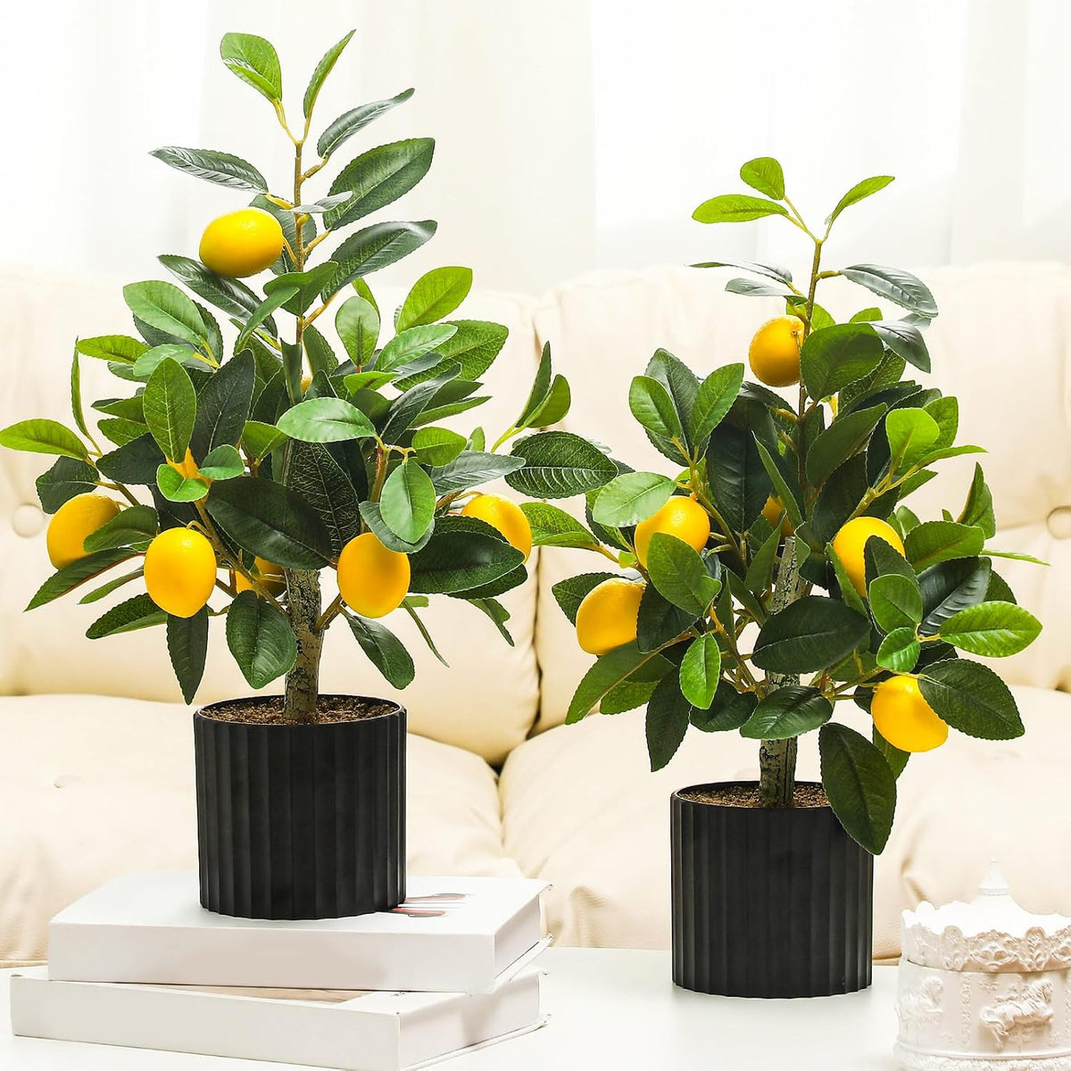 2 Pcs Artificial Lemon Tree 15.7" Fake Potted Plants, White Pot