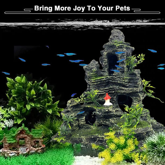 Aquarium Mountain View Stone Ornament Tree Rock Cave Aquarium Decorations Large and Tall Extra Large Aquarium Decorations for Fish Tank Decorations for Fish Tank - 14 Inches High