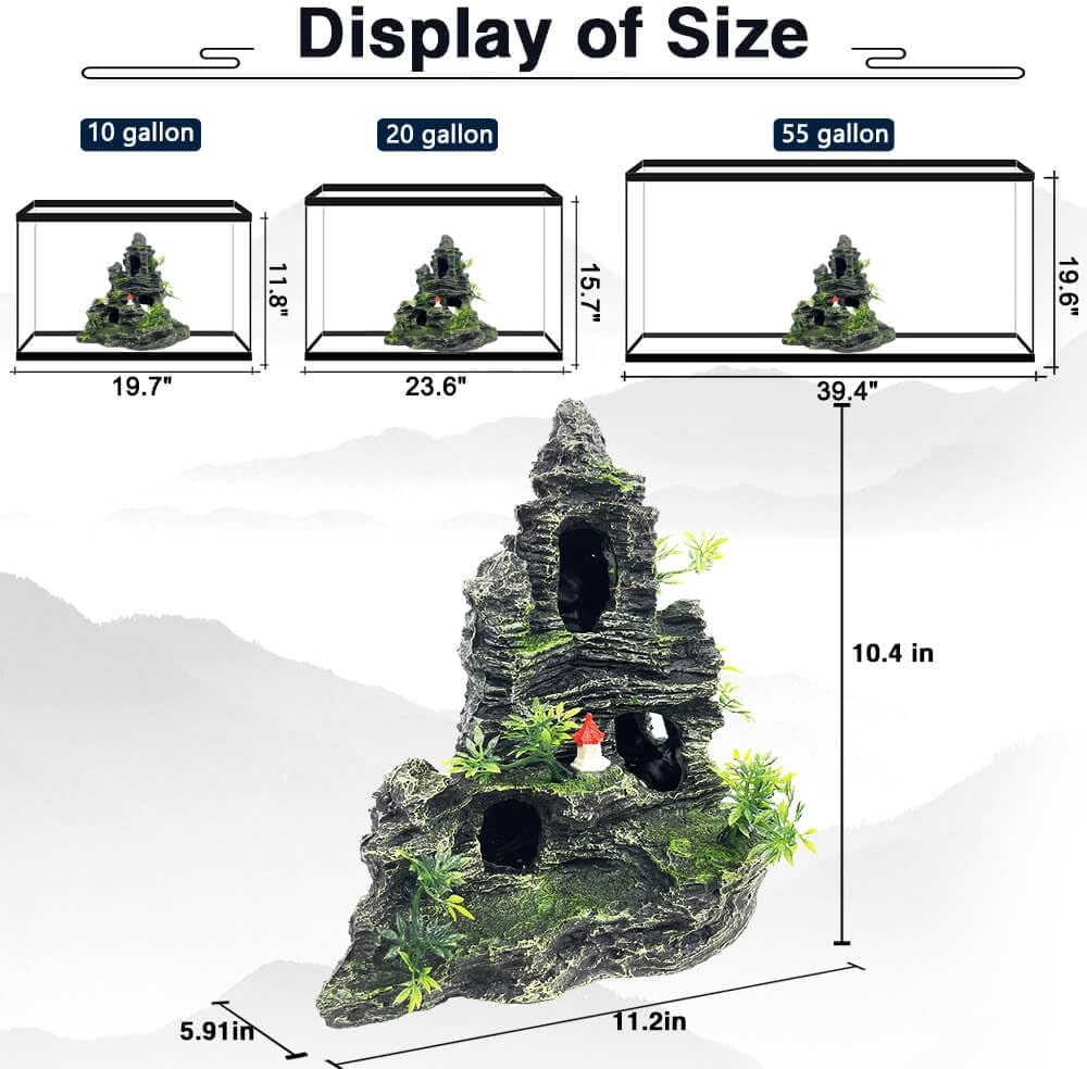 Aquarium Mountain View Stone Ornament Tree Rock Cave Aquarium Decorations Large and Tall Extra Large Aquarium Decorations for Fish Tank Decorations for Fish Tank - 14 Inches High