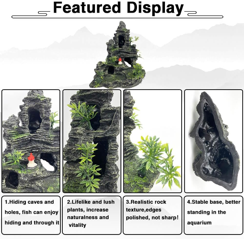 Aquarium Mountain View Stone Ornament Tree Rock Cave Aquarium Decorations Large and Tall Extra Large Aquarium Decorations for Fish Tank Decorations for Fish Tank - 14 Inches High