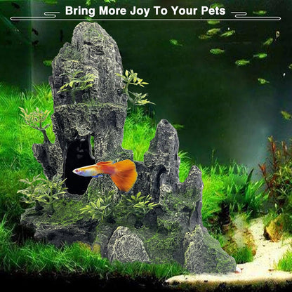 Aquarium Mountain View Stone Ornament Tree Rock Cave Aquarium Decorations Large and Tall Extra Large Aquarium Decorations for Fish Tank Decorations for Fish Tank - 14 Inches High