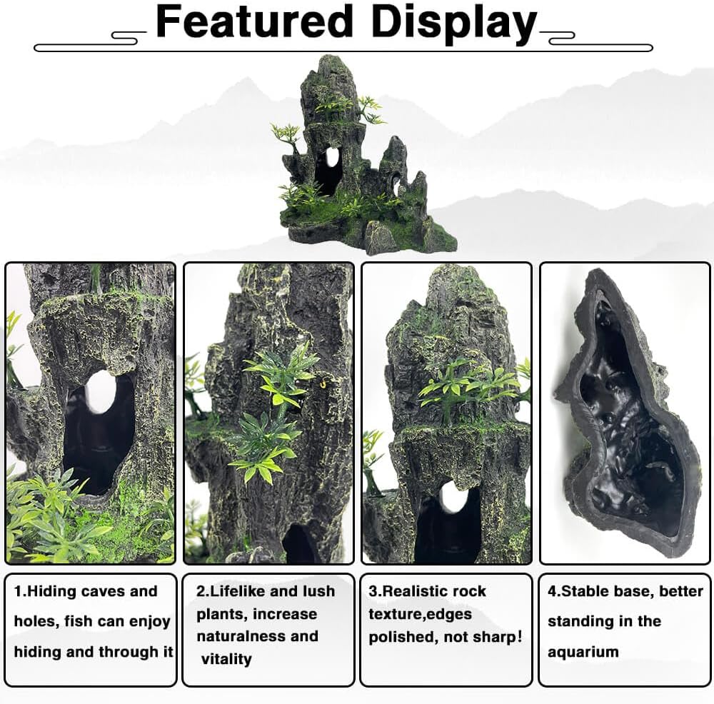 Aquarium Mountain View Stone Ornament Tree Rock Cave Aquarium Decorations Large and Tall Extra Large Aquarium Decorations for Fish Tank Decorations for Fish Tank - 14 Inches High